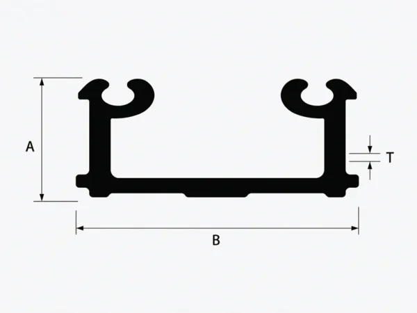 HB120 curtain wall cover aluminium profile showing A, B and T dimensions